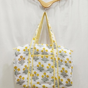 Handmade Yellow Floral Quilted Cotton Duffle Bag For Girls \ Women - Jaipuri Block Print Bag For Unisex , Pure Quilted Cotton Bag ,Gift Idea