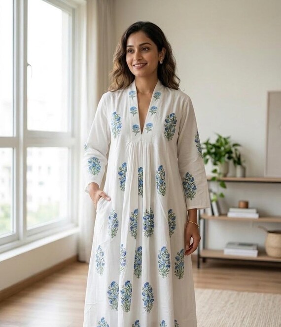 white cotton dresses from india Block Print Dress , Indian Ethnic Boho Maxi , Blue Floral Summer Dress With 2 Pockets ,cottage Core Long V Neck Gown 3D Floral Embroidered Dress dusk Salwar suit Garment care Size:US 4P