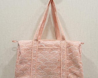 Pure Cotton Duffle Bag With Zip , Indian Block Print Bag , Handmade Quilted Cotton Large Duffle Bag Shoulder Bag For Women , Indian Duffle