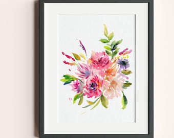 Pink flowers watercolor print, instant download, print at home wall art