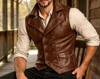 Gilet en cuir d'agneau marron pour homme – gilet western vintage croisé – vêtements de cowboy, motard et ranch