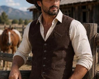 Puede incluir: Un chaleco de ante marrón oscuro con cinco botones y dos bolsillos delanteros, usado sobre una camisa de manga larga de color beige claro. El conjunto incluye pantalones vaqueros azules con una hebilla de cinturón metálica y un sombrero vaquero.