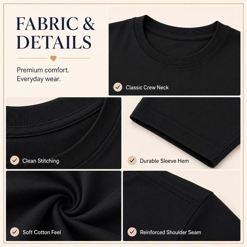 May include: A black t-shirt featuring a classic crew neck, clean stitching, a durable sleeve hem, a soft cotton feel, and a reinforced shoulder seam. The image includes the text FABRIC & DETAILS, Premium comfort, and Everyday wear.