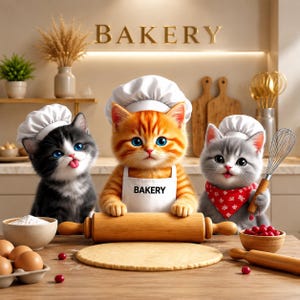 May include: Three kittens wearing white chef hats in a kitchen. The centre orange kitten wears a white apron labelled BAKERY and holds a wooden rolling pin over dough. A black kitten and a grey kitten with a red patterned bandana stand nearby.