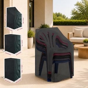 May include: A dark gray, rectangular outdoor furniture cover draped over a stack of chairs. The image includes three smaller diagrams showing the cover dimensions: 47.2 inches high by 25.2 inches wide, and 26.0 inches by 26.0 inches by 47.2 inches.