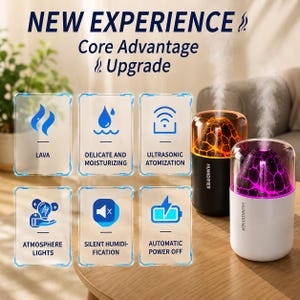 Puede incluir: Dos humidificadores cilíndricos con una parte superior texturizada de lava que emiten vapor. Uno es negro con luz naranja, el otro blanco con luz morada. El texto incluye NEW EXPERIENCE, Core Advantage Upgrade, LAVA, DELICATE AND MOISTURIZING, ULTRASONIC ATOMIZATION, ATMOSPHERE LIGHTS, SILENT HUMIDIFICATION y AUTOMATIC POWER OFF.