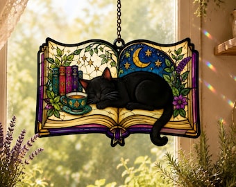 Black Cat Acrylic Suncatcher, Witchy Book Lover Window Hanging, Stained Glass Style Moon Decor, Celestial Cat Gift for Readers and Cat Moms
