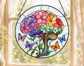 Floral Brain Butterfly Rainbow Stained Glass Suncatcher, Mental Health Gift, Therapist Office Window Decor, Neurodiversity Psychology Art