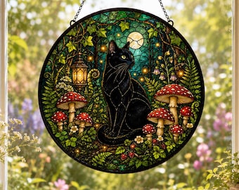 Black Cat Stained Glass Suncatcher, Mushroom Moon Window Hanging, Witchy Cottagecore Decor, Gothic Cat Gift, Halloween Garden Ornament