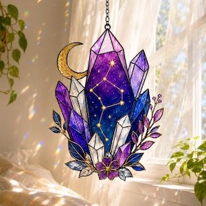 Atrapasueños acrílico con forma de luna de cristal púrpura, adorno celestial para ventana, creador de arcoíris, decoración bohemia para habitación, regalo mágico para ella, estilo vidriera.