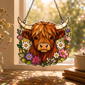 May include: A stained glass suncatcher featuring a Highland cow head surrounded by a wreath of white daisies and pink and purple flowers. The cow has shaggy ginger fur and curved horns. It hangs from a black metal chain against a window.
