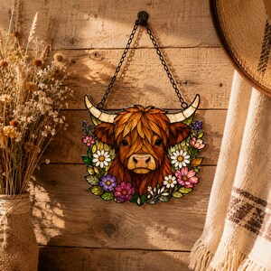 May include: A stained glass suncatcher featuring a brown Highland cow head with long horns, surrounded by a colorful floral wreath of white, pink, and purple flowers with green leaves. The piece hangs from a black metal chain against a wooden wall.