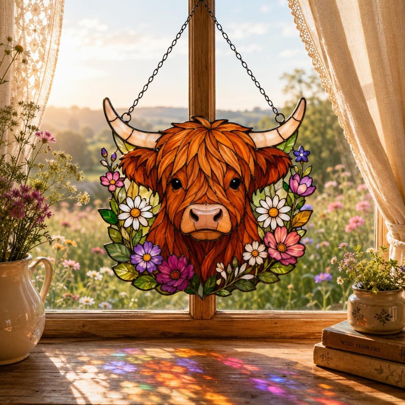 May include: A stained glass suncatcher featuring a ginger Highland cow head surrounded by a wreath of colorful flowers including white daisies and purple and pink blossoms. The piece hangs from a metal chain against a window pane.