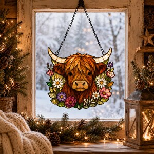 May include: A stained glass suncatcher featuring a Highland cow head with long brown fur and curved horns, surrounded by a colorful floral wreath of daisies and purple flowers. The piece hangs from a black metal chain against a window pane.