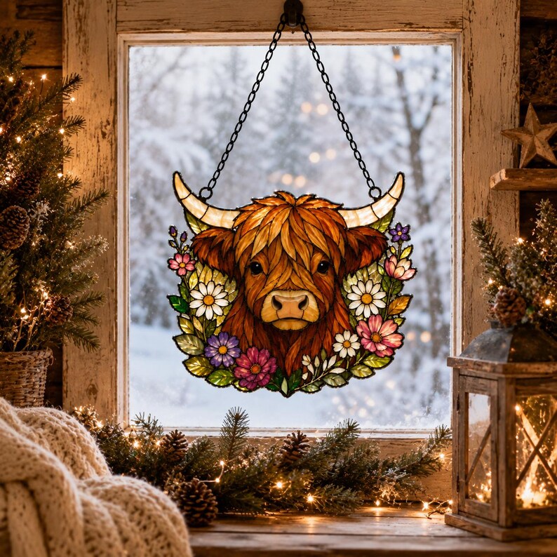 May include: A stained glass suncatcher featuring a Highland cow head with long brown fur and curved horns, surrounded by a colorful floral wreath of daisies and purple flowers. The piece hangs from a black metal chain against a window pane.