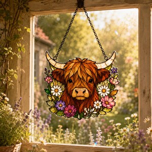 May include: A stained glass suncatcher featuring a brown Highland cow head surrounded by a colorful floral wreath of white daisies, pink blossoms, and purple flowers. The piece is suspended by a black metal chain against a window pane.