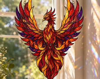 Phoenix Acrylic Suncatcher, Firebird Window Hanging Decor, Faux Stained Glass Ornament, Rebirth Gift for Fantasy Lovers, Sun Catcher