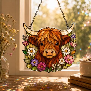 May include: A stained glass suncatcher featuring a Highland cow head surrounded by a wreath of white daisies and pink and purple flowers. The cow has shaggy ginger fur and curved horns. It hangs from a black metal chain against a window.