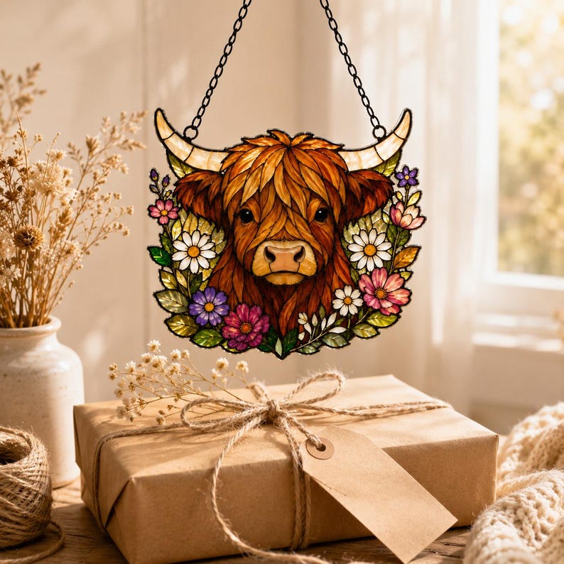 May include: A stained glass suncatcher featuring a brown Highland cow head surrounded by colorful flowers including white daisies and purple blossoms. The piece is suspended by a black metal chain and features detailed leaded glass lines.