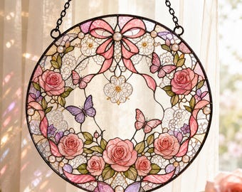 Rosa Rosen-Schmetterlingsschleife aus Perlen-Buntglas, romantischer Blumen-Fensterhänger, Geschenkidee für Brautparty und Hochzeit