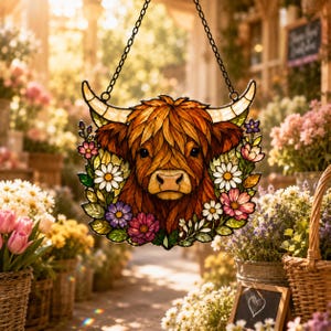 Highland Cow Suncatcher Acrylic Ornament, Floral Farmhouse Window Hanging, Cottagecore Cow Lover Gift, Rustic Home Decor, Boho Garden Decor image 3