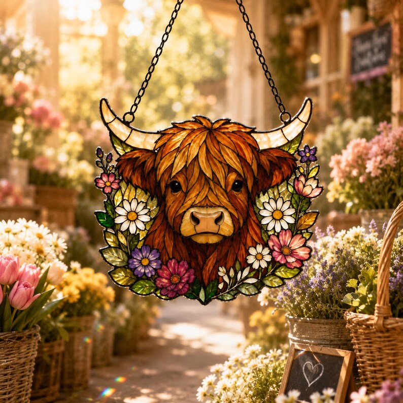 Highland Cow Suncatcher Acrylic Ornament, Floral Farmhouse Window Hanging, Cottagecore Cow Lover Gift, Rustic Home Decor, Boho Garden Decor image 3