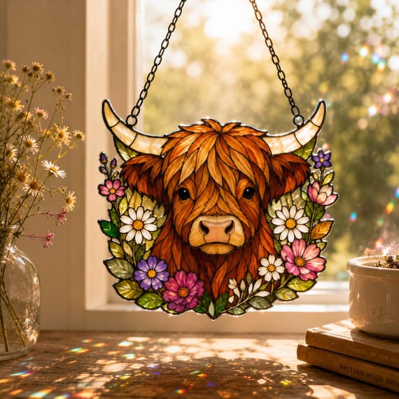 Highland Cow Suncatcher Acrylic Ornament, Floral Farmhouse Window Hanging, Cottagecore Cow Lover Gift, Rustic Home Decor, Boho Garden Decor