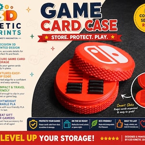 May include: A round, red 3D-printed game card case with a textured, knurled edge and a white controller icon on the lid. The case features internal slots for organising game cards. Text on the image includes GAME CARD CASE, STORE. PROTECT. PLAY., and LEVEL UP YOUR STORAGE.