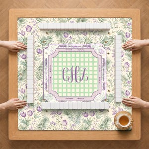 Personalized Lavender Tulip Mahjong Mat, Botanical Floral Game Table Mat, Custom American Mahjong Mat, Spring Garden Rubber  Mahjong Mat