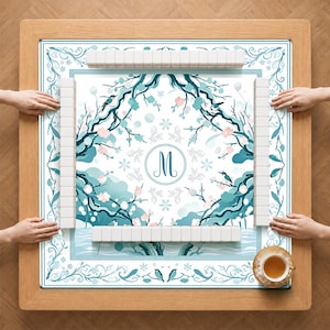 Personalized Blue Chinoiserie Mahjong Mat, Cherry Blossom & Bird Game Table Mat, Custom American Mahjong Mat, Elegant Rubber Mat