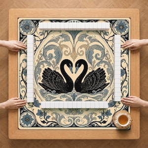 Personalized Black Swan Mahjong Mat, Custom Monogram Game Mat, Elegant Floral Rubber Mahjong Table Cover, Gift for Mahjong Lovers