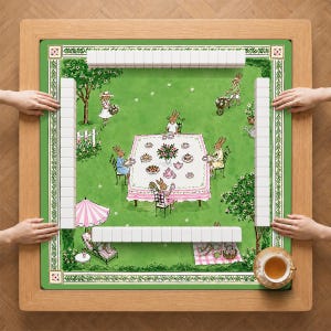 May include: A square mahjong mat featuring a green garden scene with anthropomorphic rabbits having a tea party. The mat is bordered by a floral pattern and includes four rows of white mahjong tiles arranged along the edges on a wooden table.