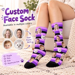 May include: A pair of crew socks featuring a repeating pattern of various human and cat faces printed over horizontal stripes of purple, light purple, and black. The text Custom Face Sock, Your Faces Here, and other labels are visible.