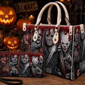 Peut inclure: Un sac à main structuré et un portefeuille rectangulaire assorti à fermeture éclair, ornés d'une impression graphique de divers personnages de films d'horreur. Les accessoires présentent un motif de gouttes de sang rouge et des anses crème.