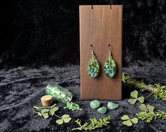 Green Resin Star Earrings, Oval Celestial Dangle Drops, Magic Forest Gift Her