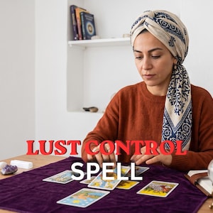 Könnte beinhalten: Eine Person in einem rostfarbenen Pullover und einem gemusterten Kopftuch sitzt an einem Holztisch mit einem violetten Tuch, Tarotkarten, einer brennenden gelben Kerze, einer Kristallkugel und einem offenen Notizbuch. Der Text LUST CONTROL SPELL ist rot.
