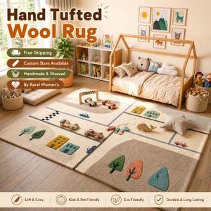Alfombra infantil tejida a mano / Alfombra con mapa de aventuras / Decoración de lana para guardería / Tamaño grande