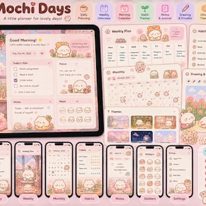 May include: A digital planner interface titled Mochi Days featuring a light pink colour palette with cartoon characters. The layout includes sections for daily plans, weekly overviews, monthly calendars, habit trackers, notes, and drawing tools.