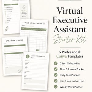 May include: A Virtual Executive Assistant Starter Kit featuring five professional Canva templates. The documents include a Client Onboarding Checklist, Time & Invoice Tracker, Daily Task Planner, Client Information Hub, and Weekly Work Planner.