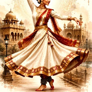 May include: A dancer in a white and red traditional dress with gold trim, performing a dance. The image features the text SOUL OF NORTH INDIA KATHAK STORYTELLING RHYTHM ELEGANCE. The dancer wears gold jewelry and ankle bells against a palace backdrop.