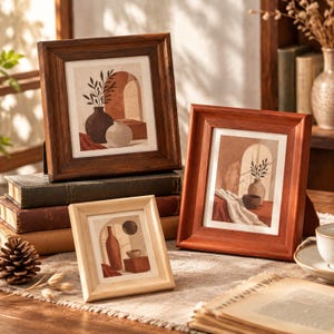 May include: Three wooden picture frames in varying shades of brown, each containing a print of an architectural archway with ceramic vases and foliage. The frames are displayed on a table alongside stacked books and a pinecone.