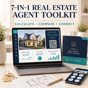 May include: A 7-in-1 real estate agent toolkit digital download displayed on a laptop screen and a folder. The screen shows a house image, property estimate of $725,000, a QR code, and financial data. A smartphone, keys, and a floor plan are present.
