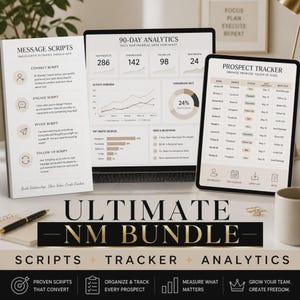 May include: A digital business bundle featuring a printed message script guide, a laptop displaying a 90-day analytics dashboard with charts and metrics, and a tablet showing a prospect tracker table with names, statuses, and dates.