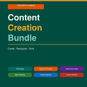 Puede incluir: Un gráfico de producto digital sobre un fondo verde oscuro con el texto 7-FILE DIGITAL BUNDLE, Content Creation Bundle y Create Repurpose Grow. Debajo hay seis botones de colores etiquetados como 100 Prompts, Repurpose Playbook, Brand Voice Guide, Batch Planning, 90-Day Roadmap y Content Checklist.