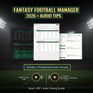 Peut inclure: Un ensemble numérique intitulé Fantasy Football Manager 2026 + Audio Tips, comprenant des feuilles de calcul Excel avec des tableaux vert foncé et blancs, une mise en page PDF et deux boutons de lecture dorés pour des cours audio de gestion.
