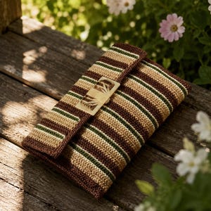May include: A rectangular crochet clutch bag featuring horizontal stripes in shades of dark brown, tan, and forest green. The flap is secured with a rectangular, translucent acrylic clasp that contains an embedded dried botanical element.