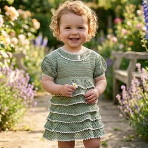 Peut inclure: Une robe vert sauge à manches courtes avec un design à jupe étagée, ornée d'une délicate bordure en crochet blanc sur les bords des manches, de l'encolure et de chacun des quatre volants horizontaux qui descendent sur le devant.