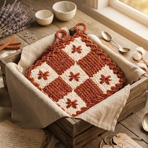 May include: A square crochet potholder featuring a checkered pattern of burnt orange and cream-colored yarn. The cream squares are decorated with small, embroidered burnt orange floral motifs. The edges have a scalloped border and two loops.
