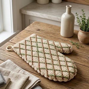 Puede incluir: Una manopla de horno tejida a ganchillo de color crema con un patrón de diamantes creado por líneas de hilo marrón y verde que se cruzan. La manopla incluye un pequeño anillo de madera circular en el lateral para colgarla y tiene textura.