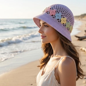 Patrón de gorro cloche de ganchillo en PDF, patrón de gorro floral de verano de ganchillo, patrón de gorro de encaje de ganchillo para mujer, diseño inspirado en un sombrero tipo cubo